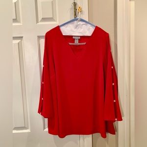 Red Long Sleeve Blouse With Rhinestones Across The Neck And Down The Sleeves